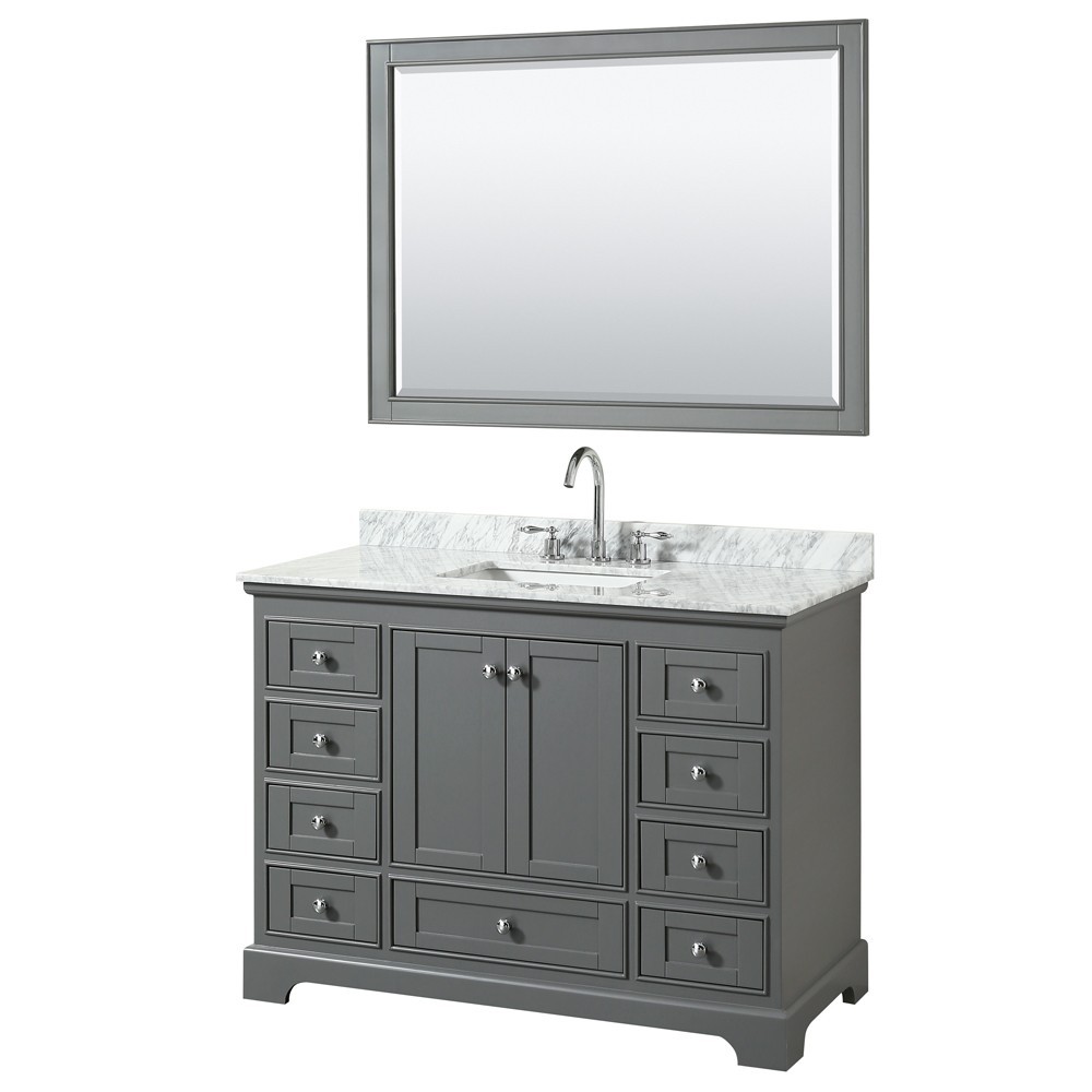 48 Inch Single Bathroom Vanity in Dark Gray, White Carrara Marble Countertop, Sink, 46 Inch Mirror