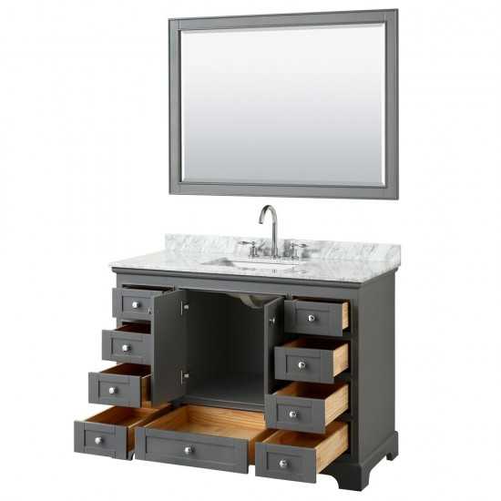 48 Inch Single Bathroom Vanity in Dark Gray, White Carrara Marble Countertop, Sink, 46 Inch Mirror