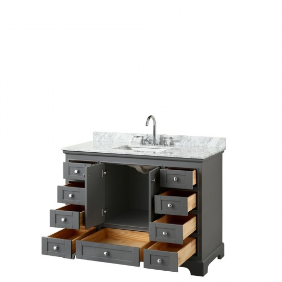 48 Inch Single Bathroom Vanity in Dark Gray, White Carrara Marble Countertop, Sink, No Mirror