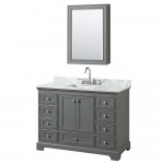 48 Inch Single Bathroom Vanity in Dark Gray, White Carrara Marble Countertop, Sink, Medicine Cabinet