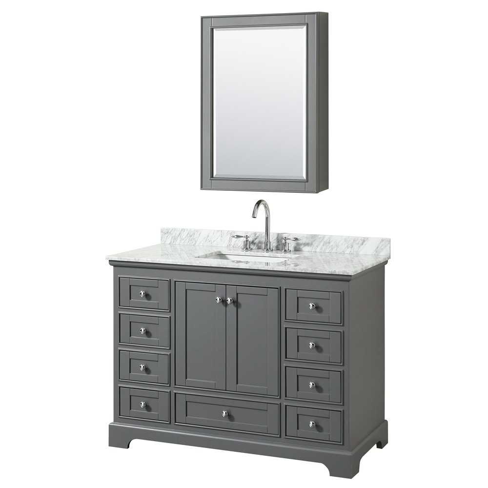 48 Inch Single Bathroom Vanity in Dark Gray, White Carrara Marble Countertop, Sink, Medicine Cabinet