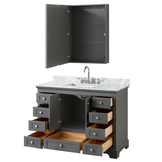 48 Inch Single Bathroom Vanity in Dark Gray, White Carrara Marble Countertop, Sink, Medicine Cabinet