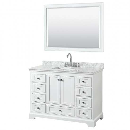 48 Inch Single Bathroom Vanity in White, White Carrara Marble Countertop, Sink, 46 Inch Mirror