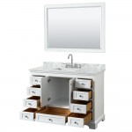 48 Inch Single Bathroom Vanity in White, White Carrara Marble Countertop, Sink, 46 Inch Mirror