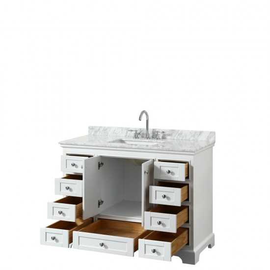 48 Inch Single Bathroom Vanity in White, White Carrara Marble Countertop, Sink, No Mirror