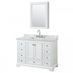 48 Inch Single Bathroom Vanity in White, White Carrara Marble Countertop, Sink, Medicine Cabinet