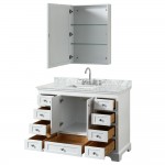 48 Inch Single Bathroom Vanity in White, White Carrara Marble Countertop, Sink, Medicine Cabinet