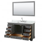 60 Inch Single Bathroom Vanity in Dark Gray, White Carrara Marble Countertop, Sink, 58 Inch Mirror