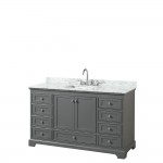 60 Inch Single Bathroom Vanity in Dark Gray, White Carrara Marble Countertop, Sink, No Mirror