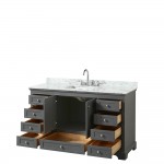 60 Inch Single Bathroom Vanity in Dark Gray, White Carrara Marble Countertop, Sink, No Mirror