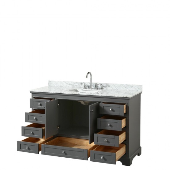 60 Inch Single Bathroom Vanity in Dark Gray, White Carrara Marble Countertop, Sink, No Mirror