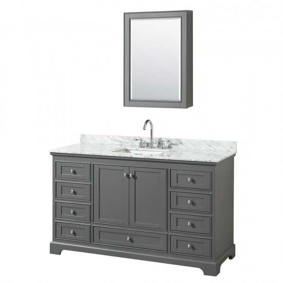 60 Inch Single Bathroom Vanity in Dark Gray, White Carrara Marble Countertop, Sink, Medicine Cabinet