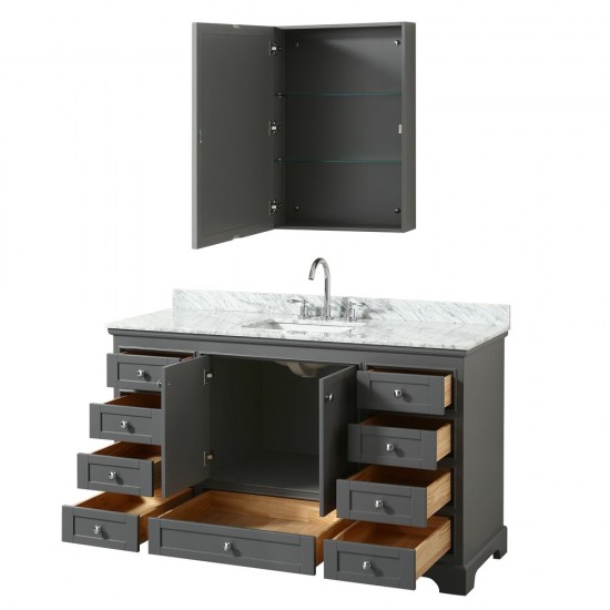 60 Inch Single Bathroom Vanity in Dark Gray, White Carrara Marble Countertop, Sink, Medicine Cabinet