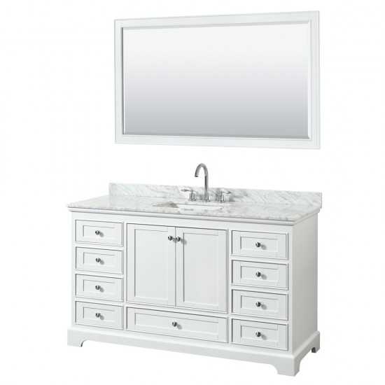 60 Inch Single Bathroom Vanity in White, White Carrara Marble Countertop, Sink, 58 Inch Mirror