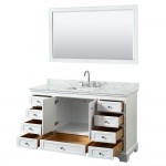 60 Inch Single Bathroom Vanity in White, White Carrara Marble Countertop, Sink, 58 Inch Mirror