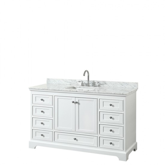 60 Inch Single Bathroom Vanity in White, White Carrara Marble Countertop, Sink, No Mirror