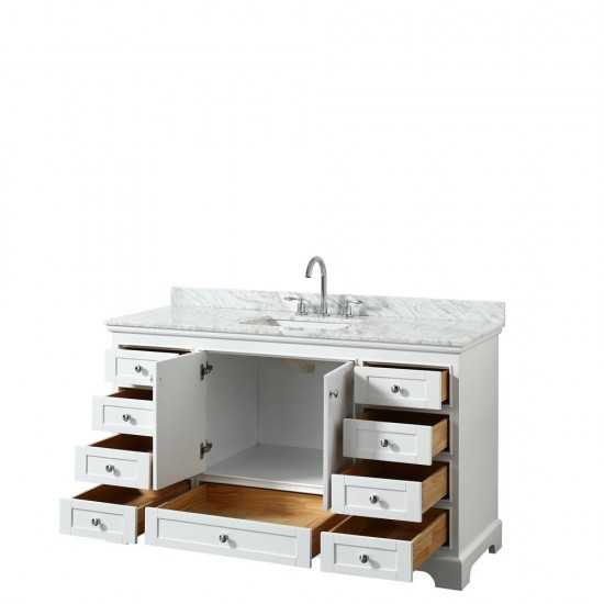 60 Inch Single Bathroom Vanity in White, White Carrara Marble Countertop, Sink, No Mirror