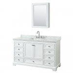 60 Inch Single Bathroom Vanity in White, White Carrara Marble Countertop, Sink, Medicine Cabinet