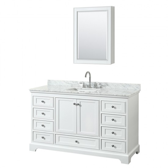 60 Inch Single Bathroom Vanity in White, White Carrara Marble Countertop, Sink, Medicine Cabinet