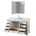 60 Inch Single Bathroom Vanity in White, White Carrara Marble Countertop, Sink, Medicine Cabinet