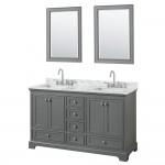 60 Inch Double Bathroom Vanity in Dark Gray, White Carrara Marble Countertop, Sinks, 24 Inch Mirrors