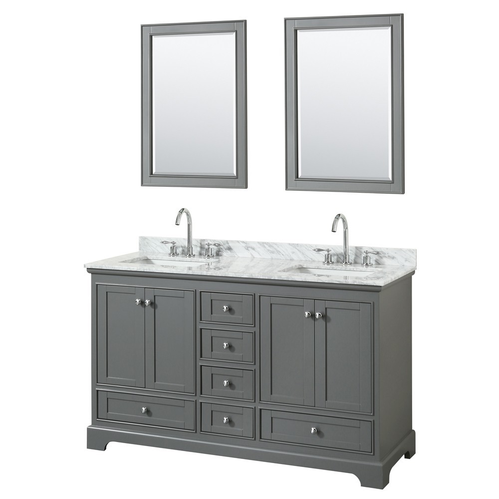 60 Inch Double Bathroom Vanity in Dark Gray, White Carrara Marble Countertop, Sinks, 24 Inch Mirrors