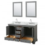 60 Inch Double Bathroom Vanity in Dark Gray, White Carrara Marble Countertop, Sinks, 24 Inch Mirrors