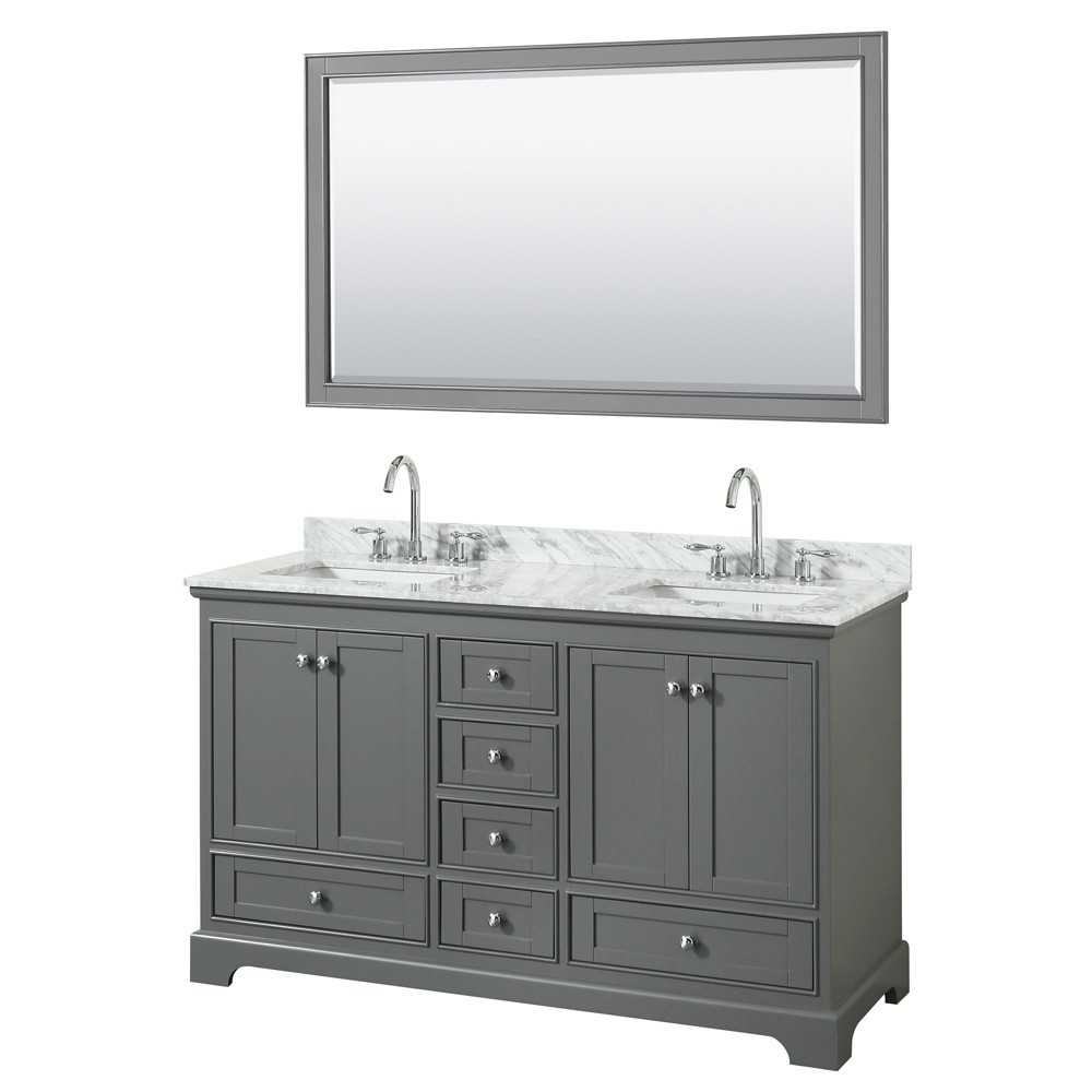 60 Inch Double Bathroom Vanity in Dark Gray, White Carrara Marble Countertop, Sinks, 58 Inch Mirror