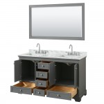 60 Inch Double Bathroom Vanity in Dark Gray, White Carrara Marble Countertop, Sinks, 58 Inch Mirror