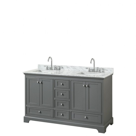 60 Inch Double Bathroom Vanity in Dark Gray, White Carrara Marble Countertop, Sinks, No Mirror