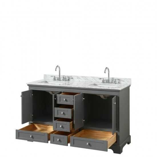 60 Inch Double Bathroom Vanity in Dark Gray, White Carrara Marble Countertop, Sinks, No Mirror