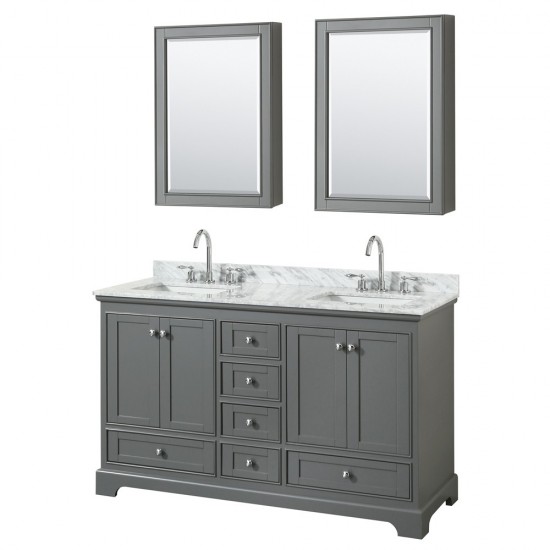 60 Inch Double Bathroom Vanity in Dark Gray, White Carrara Marble Countertop, Sinks, Medicine Cabinets