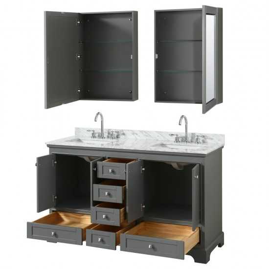 60 Inch Double Bathroom Vanity in Dark Gray, White Carrara Marble Countertop, Sinks, Medicine Cabinets