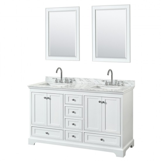 60 Inch Double Bathroom Vanity in White, White Carrara Marble Countertop, Sinks, 24 Inch Mirrors