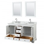 60 Inch Double Bathroom Vanity in White, White Carrara Marble Countertop, Sinks, 24 Inch Mirrors