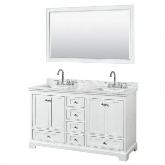 60 Inch Double Bathroom Vanity in White, White Carrara Marble Countertop, Sinks, 58 Inch Mirror