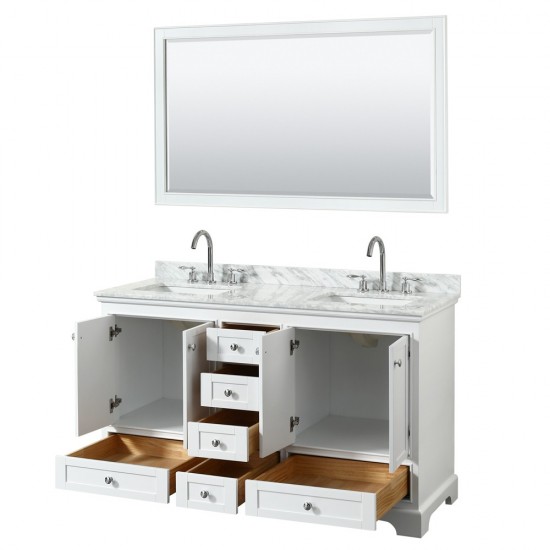 60 Inch Double Bathroom Vanity in White, White Carrara Marble Countertop, Sinks, 58 Inch Mirror