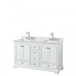 60 Inch Double Bathroom Vanity in White, White Carrara Marble Countertop, Sinks, No Mirror