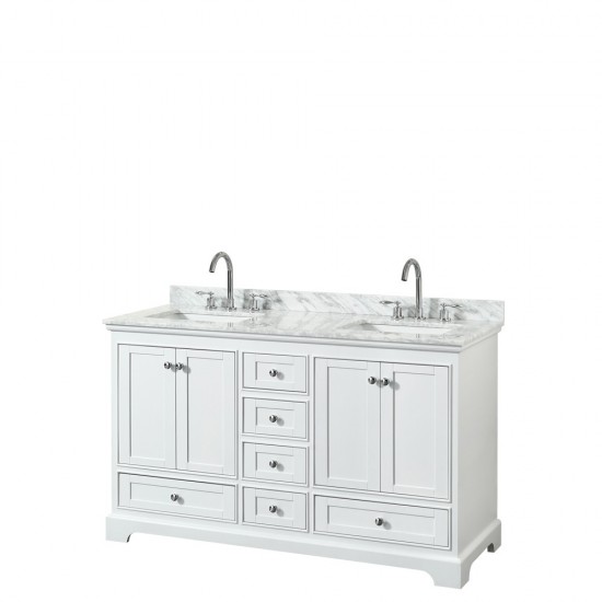 60 Inch Double Bathroom Vanity in White, White Carrara Marble Countertop, Sinks, No Mirror