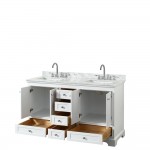 60 Inch Double Bathroom Vanity in White, White Carrara Marble Countertop, Sinks, No Mirror