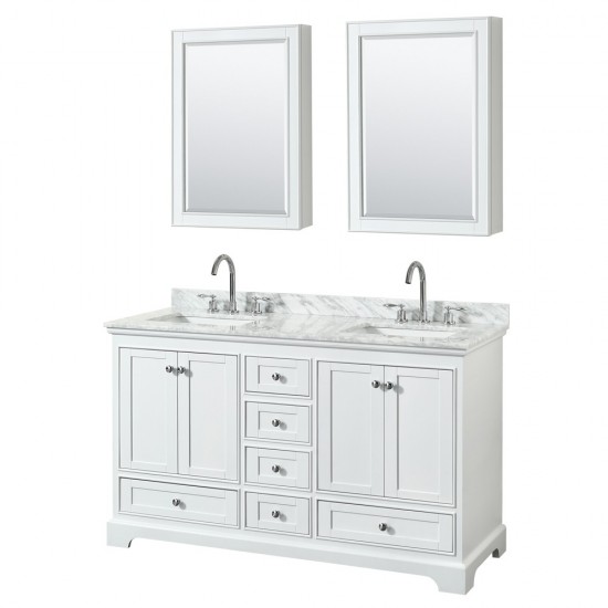 60 Inch Double Bathroom Vanity in White, White Carrara Marble Countertop, Sinks, Medicine Cabinets