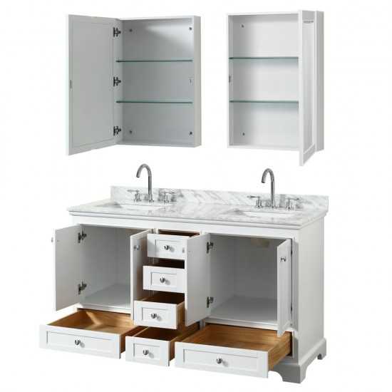 60 Inch Double Bathroom Vanity in White, White Carrara Marble Countertop, Sinks, Medicine Cabinets