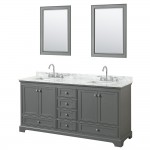 72 Inch Double Bathroom Vanity in Dark Gray, White Carrara Marble Countertop, Sinks, 24 Inch Mirrors