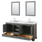 72 Inch Double Bathroom Vanity in Dark Gray, White Carrara Marble Countertop, Sinks, 24 Inch Mirrors