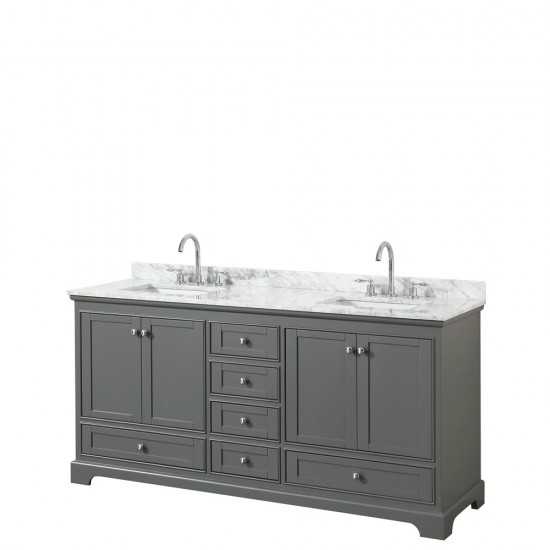 72 Inch Double Bathroom Vanity in Dark Gray, White Carrara Marble Countertop, Sinks, No Mirror