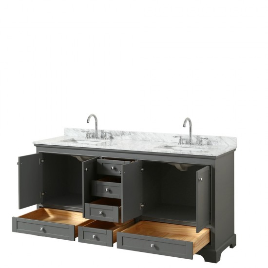 72 Inch Double Bathroom Vanity in Dark Gray, White Carrara Marble Countertop, Sinks, No Mirror