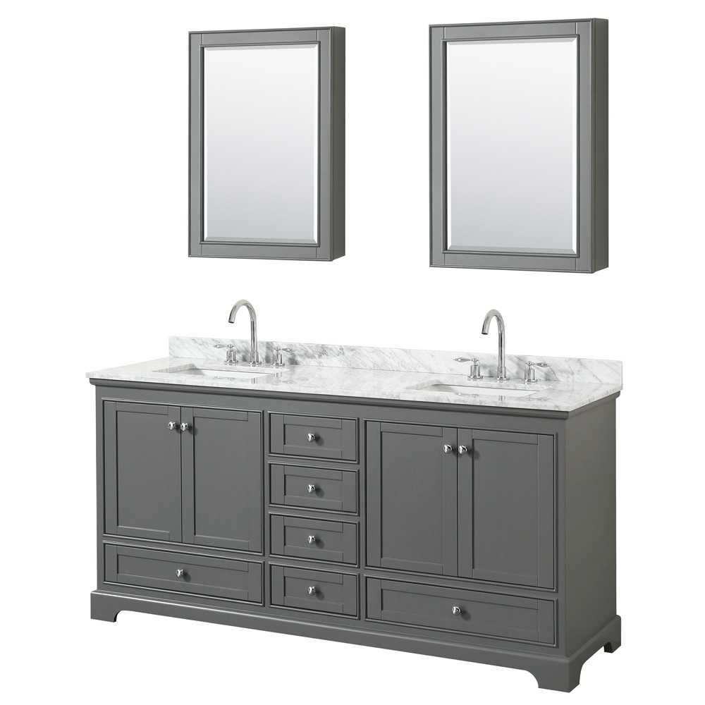 72 Inch Double Bathroom Vanity in Dark Gray, White Carrara Marble Countertop, Sinks, Medicine Cabinets