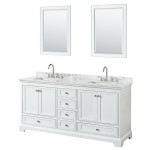 72 Inch Double Bathroom Vanity in White, White Carrara Marble Countertop, Sinks, 24 Inch Mirrors