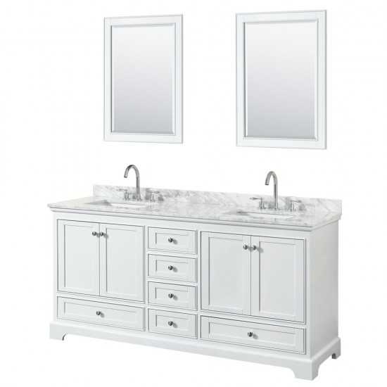 72 Inch Double Bathroom Vanity in White, White Carrara Marble Countertop, Sinks, 24 Inch Mirrors