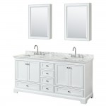 72 Inch Double Bathroom Vanity in White, White Carrara Marble Countertop, Sinks, Medicine Cabinets